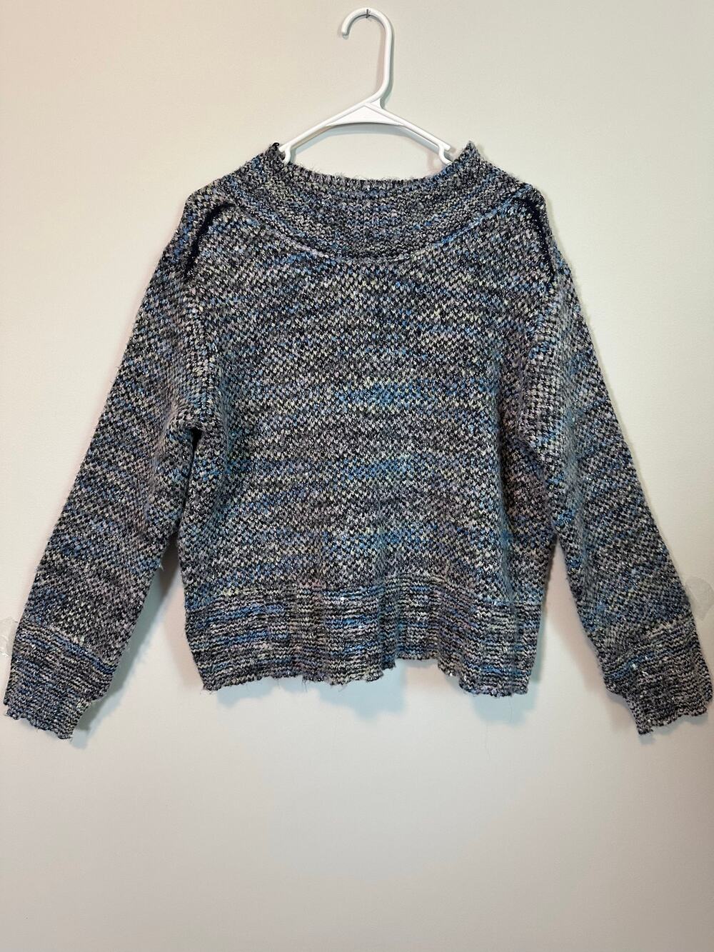 Free People Pullover Sweater Blue Gray Marled Slouchy Chunky Knit S Boho Cozy
